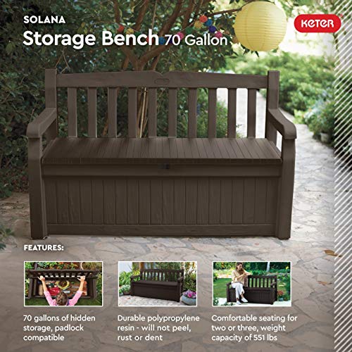Keter Solana 70 Gallon Storage Bench Deck Box for Patio Furniture ...